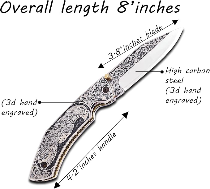 FOL-3153 Premium Hand Engraved Folding Pocket Knife Durable D2 Steel Hunting Knife