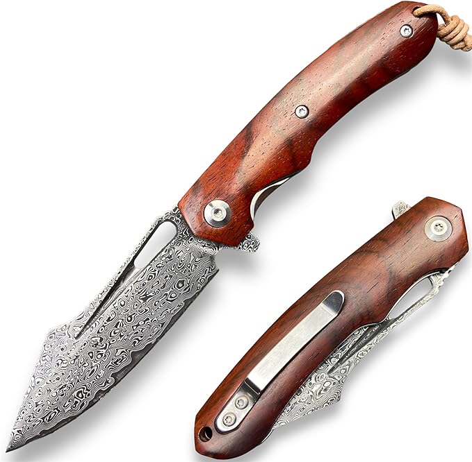 TACTICAL GEARZ Damascus Steel Pocket Folding Knife, Natural Rosewood Handle, 107 Multi-Layered VG10 Damascus Steel Blade! (Koa Beast Bundle)