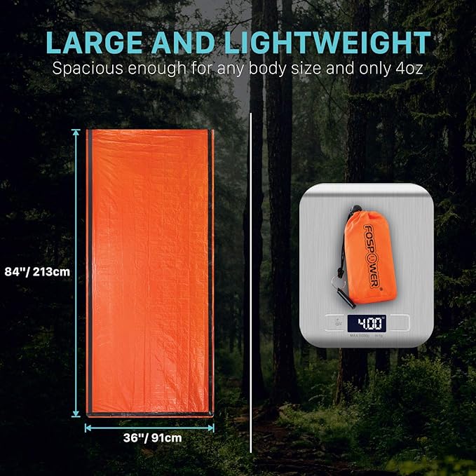 FosPower Emergency Sleeping Bag, Tough and Durable Mylar Thermal Sack with Survival whistle for Survival Kits, Camping Accessories, Outdoors, Hiking
