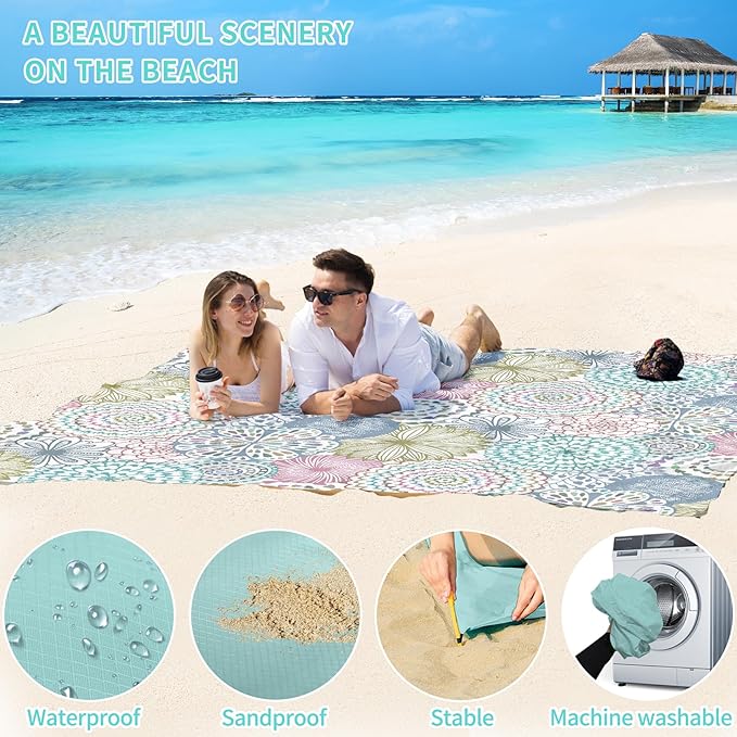BYDOLL Beach Blanket Sandproof Waterproof 78''×81'' 1-4 Adults Compact Lightweight Oversized Beach Blanket Large Picnic Mat Beach Blanket for Travel Camping Hiking Picnic