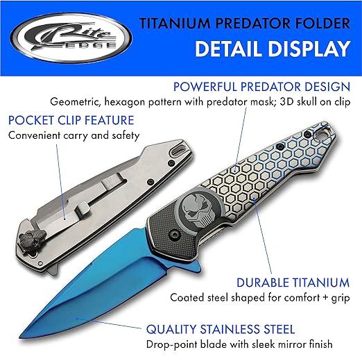 SZCO Supplies 7.75” Blue Titanium Finished Predator EDC Folding Knife With Pocket Clip
