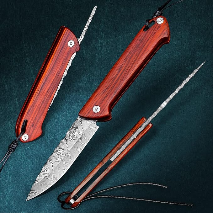handmade japanese damascus steel blade folding knife tactical pocket knives rosewood handle edc knives with sheath for men
