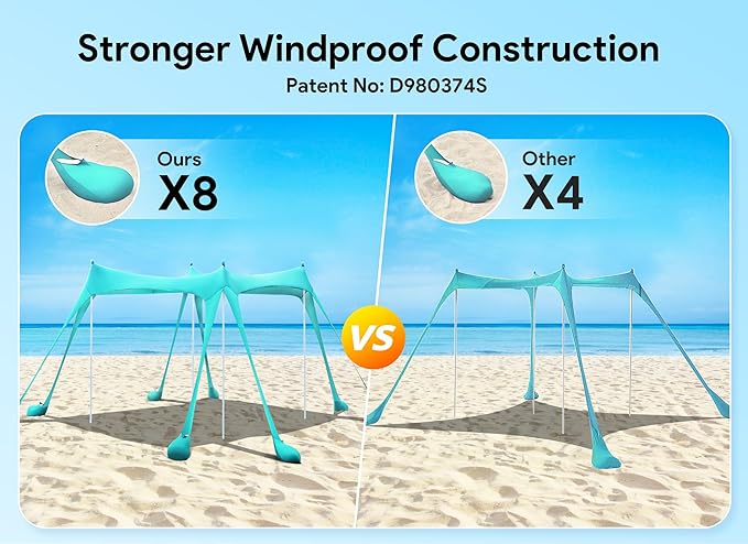 Osoeri Beach Tent, Camping Sun Shelter UPF50+ with 8 Sandbags, Sand Shovels, Ground Pegs & Stability Poles, Outdoor Shade Beach Canopy for Camping Trips, Fishing, Backyard Fun or Picnics