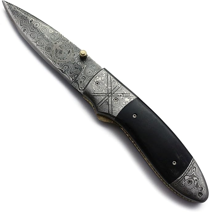 Handmade Damascus Folding Pocket Bowie Knife For EDC,Hunting,Survival,Camping,Fishing Skinning and Bushcraft with Full Tang Micarta Handel and Cowhide-Leather Sheath For Men and Women - DCF21-25