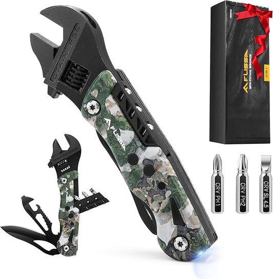FLISSA 13-in-1 Multi Tool Wrench, Stainless Steel Camo Multitool Adjustable Wrench with LED Light, EDC Pocket Knife with Sheath, Multipurpose Multi Use Tool Wrench