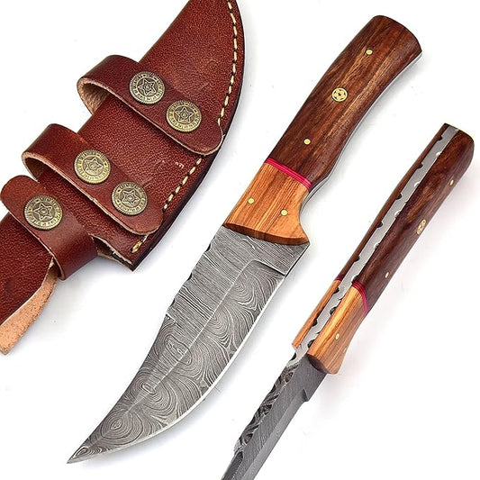 927 Custom Handmade Damascus Steel Small Fixed Blade Outdoor Camping Bushcraft Knife for men with Leather Sheath 927