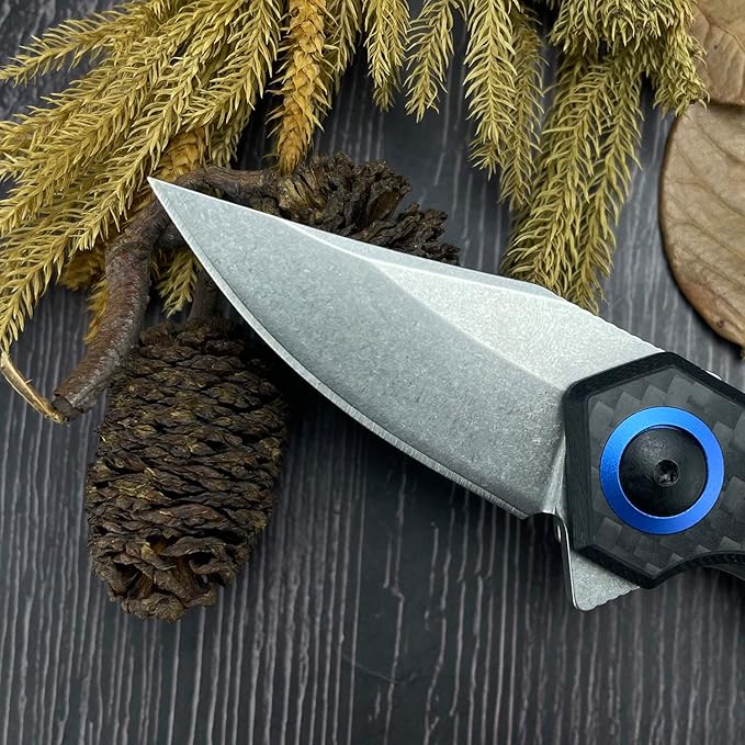 Mini Flipper Pocket knife,Small EDC folding Knife with Pocket clip,1.89 Inch Premium D2 Steel Blade,Carbon Fiber Front and Stonewashed Titanium Back Handle,Gifts for Men Women(0022)