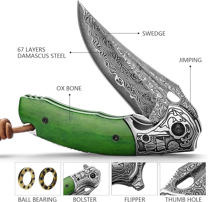 Damascus Folding Knife with Leather Sheath,3.2'' Blade Green Bone Handle Handmade Traditional Pocket Knives for Men Hunting EDC, Puppis-02G