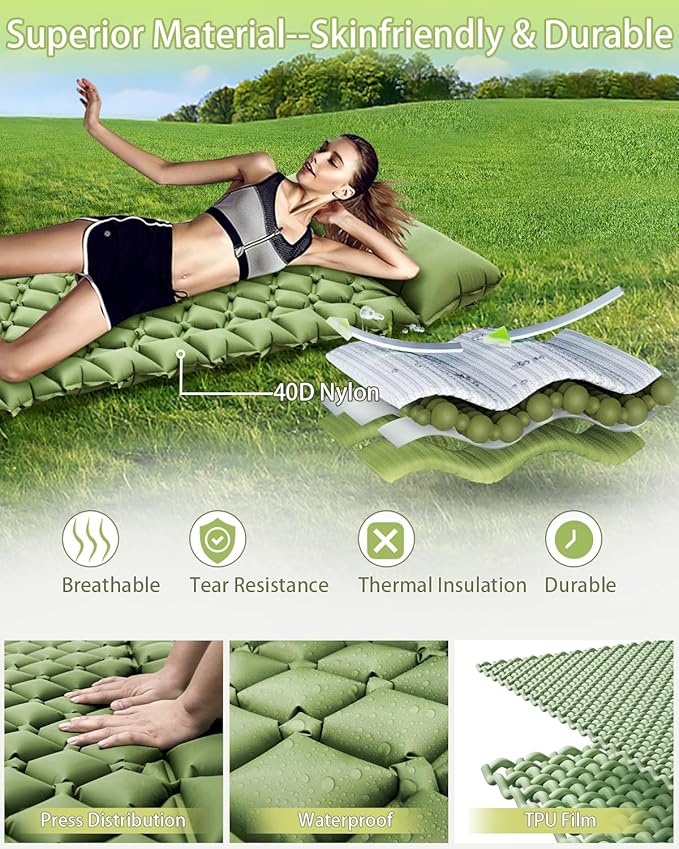 Sleeping Pad for Camping, Self Inflating Camping Air Mattress Built-in Foot Pump, Sleeping Mat Camping with Pillow, Backpacking, Hiking, Traveling