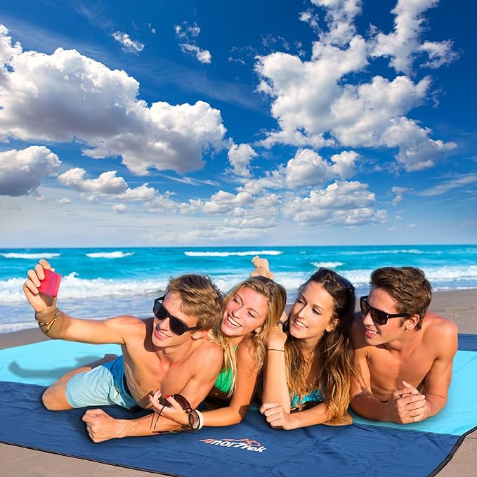 Beach Blanket Sandproof, Extra Large Beach Mat, Sand Free Mat Quick Drying, Lightweight, Soft & Durable Mat for Beach, Yard (Dark Blue & Blue, 10 x 10 FT (1～9 Person))