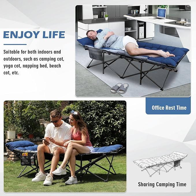 Oversized Folding Camping Cot 32inch w/Mattress, Heavy Duty Portable Sleeping Cot with Carry Bag, Double Layer Oxford Travel Camp Cots for Outdoors & Indoors, Suit for Adults Kids ，Navy/Grey