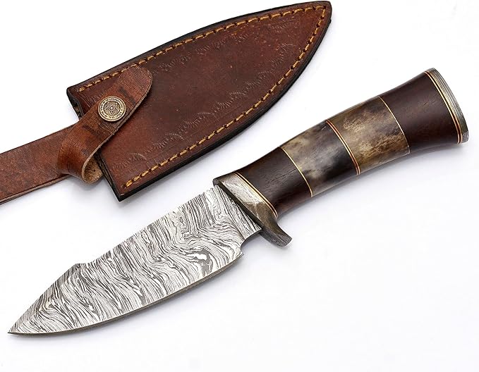 Damascus Steel Hunting Knife Fixed Blade for Camping, Survival- Premium Outdoor Gear for Versatile Use - Razor Sharp Edge with Bone and Rose Wood