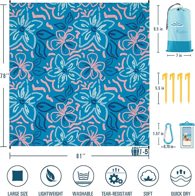 Beach Blanket Sandproof Waterproof 78''×81''1-5 Adults Oversized,Compact Lightweight Durable Beach Mat for Travel Camping Hiking Picnic Blanket