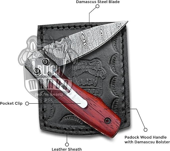 BMK-406 Taipan 4 Long 3 Blade 5 Ounce Damascus Pocket Clip Knives Handmade Damascus Pocket Folding Knife With Leather Cover Hand Made Word Class Knives