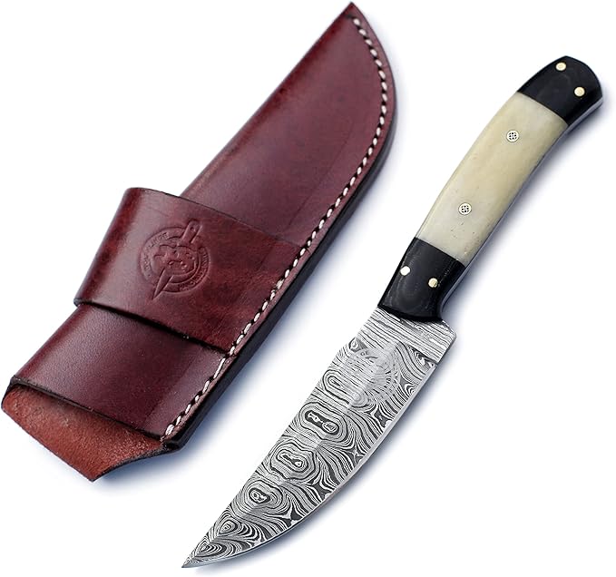 Handmade Damascus Steel Knife Bowie for Edc,Hunting,Survival,Camping,Bushcraft and Fishing-Fixed Blade with Drop point Blade Full Tang Bone Handle with Cowhide-Leather Sheath - WKD-774