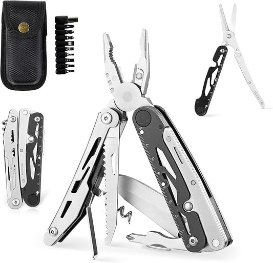 Ganzo G304 Full-sized Multitool, 21-in-1 Stainless Steel Pocket Knife with Screwdriver, Pliers with Sheath, Perfect for Outdoor, Survival, Camping, Hiking, Repair, EDC, Silver-black