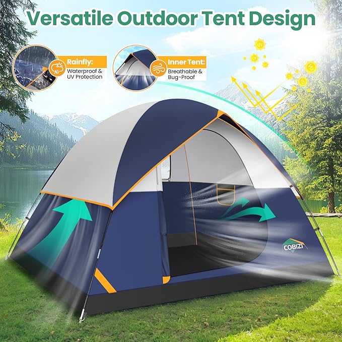 COBIZI 4 Person Camping Tent, Easy Setup Outdoor Tent with Rainfly for Camping & Hiking (Navy Blue)