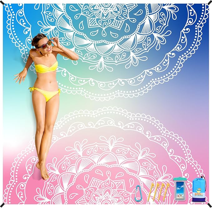BYDOLL Beach Blanket Sandproof Waterproof 78''×81'' 1-4 Adults Compact Lightweight Oversized Beach Blanket Large Picnic Mat Beach Blanket for Travel Camping Hiking Picnic