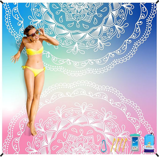 BYDOLL Beach Blanket Sandproof Waterproof 78''×81'' 1-4 Adults Compact Lightweight Oversized Beach Blanket Large Picnic Mat Beach Blanket for Travel Camping Hiking Picnic