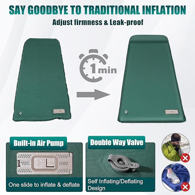 OUTSKIRT Sleeping Pad for Camping with Built-in Pump, Camping Mattress with Memory Foam, Easy to Inflate/Deflate Air Mattress for Camping and Other Outdoor Adventures,Green