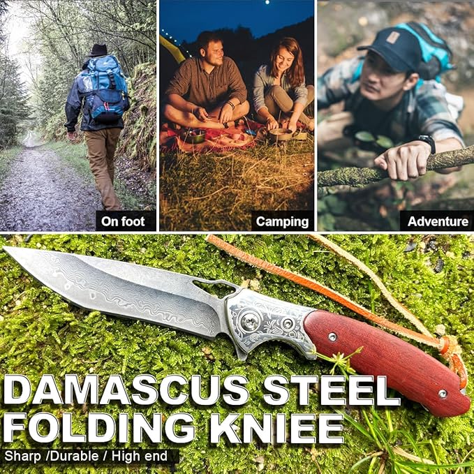 Damascus Pocket Knife with Clipand Leather Sheath, Folding Knife with VG10 Damascus Steel Blade,Wooden Handle, Foldable EDC Knife for Outdoor Survival