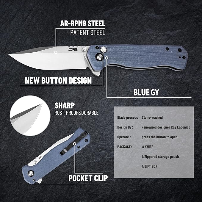 CJRB CUTLERY Folding Pocket Knife Chord(J1927) Flipper Button Lock EDC Gentleman Knife with AR-RPM9 Steel Blade and Gray Blue G10 Handle Foldable Outdoor Carry for Men Women Gift