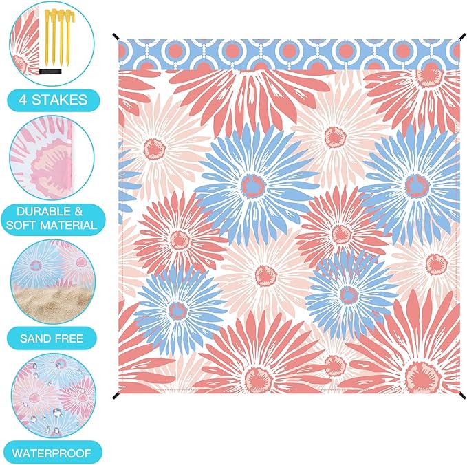Airensky Beach Blanket, Sandproof Beach Mat 79" X 82" for 4-7 Adults, Large Waterproof Beach Blanket Lightweight Outdoor Blanket with 4 Stakes Beach Essential for Camping Travel Vacation(Pink Flowers)