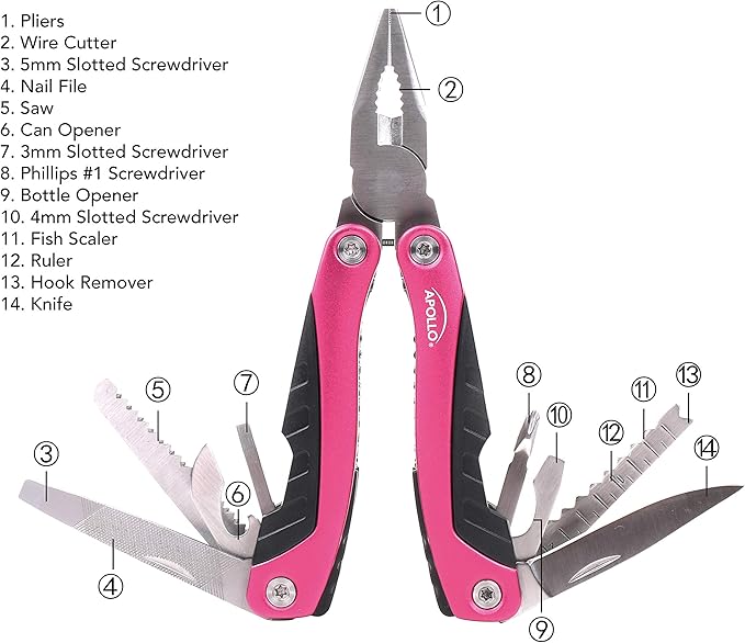 Apollo Tools 14-in-1 Steel Pocket Multitool Pliers, Dozens of Uses for Everyday Life, Repairs, Survival, Outdoors, Camping, Fishing - Pink Ribbon - Pink - DT5015P