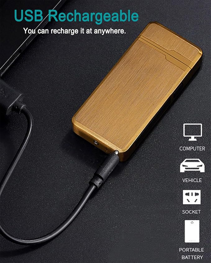Electric Lighter, USB Rechargeable Lighter, Plasma Dual Arc Lighter, Windproof Flameless Lighter, Pocket Metal Lighter with LED Battery Indication for Candles, Incense, Camping (220mAh, Gold)