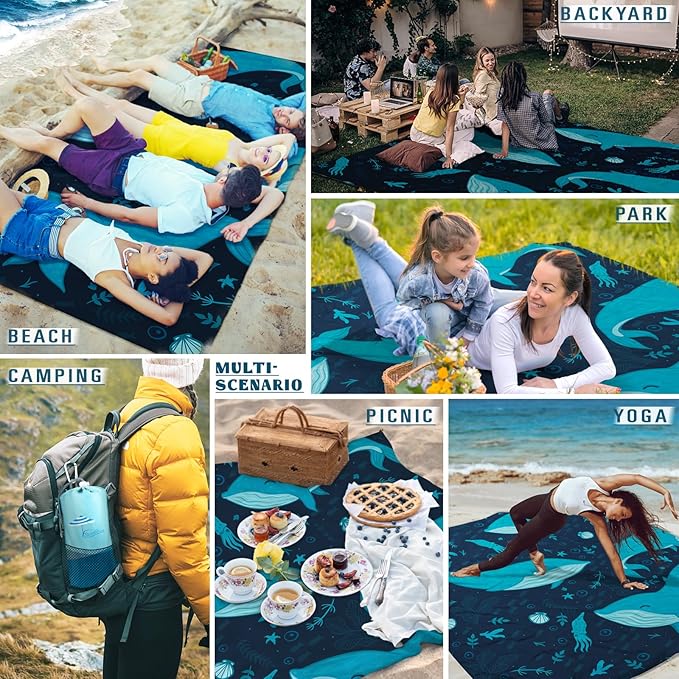 Beach Blanket Sandproof Waterproof 78''×81''1-5 Adults Oversized,Compact Lightweight Durable Beach Mat for Travel Camping Hiking Picnic Blanket