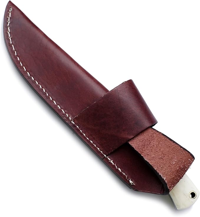 Handmade Damascus Steel Fixed Blade Knife Bowie for EDC,Hunting,Survival,Camping,Bushcraft,and Fishing with Drop Point Full Tang Bone Handel with Cowhide-Leather Sheath-WKD-789