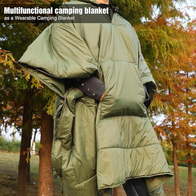 REDCAMP Wearable Camping Blanket Lightweight, Multifunctional Warm Travel Quilt Waterproof, Compact Wearable Poncho with Detachable Hood for Camping, Hiking (Army Green)