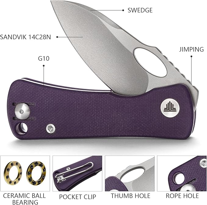 Pocket Knife for EDC,2.04in 14C28N Steel Blade,Purple G10 Reversible Deep Carry Clip Handle,Folding Thumb Hole Knives for Men and Women，Andromeda-03PG