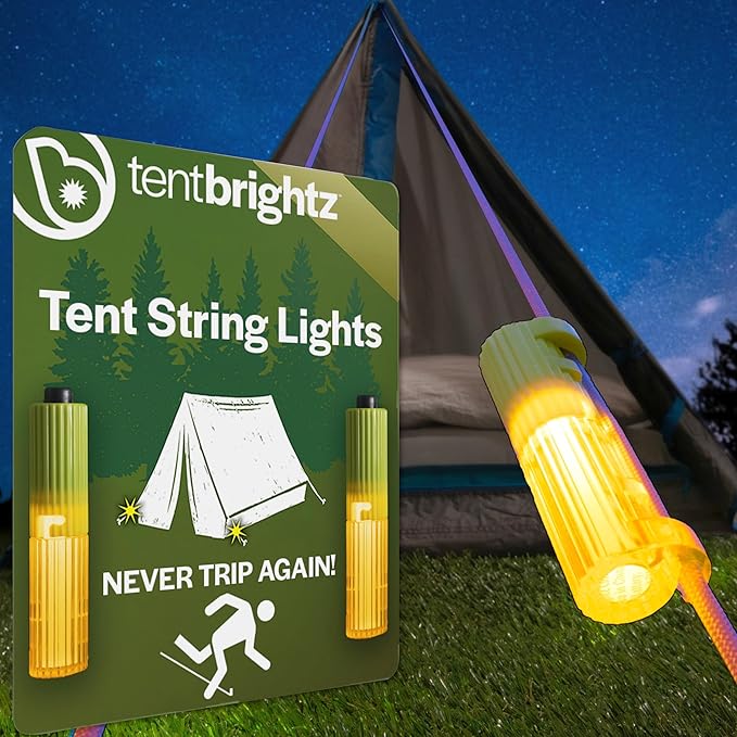 Brightz TentBrightz LED Tent String Lights for Guylines - Never Trip On Your Tent Strings Again - Keeps Tent Strings Visible at Night - Attaches to Tent Guy-Lines Campsite Safety Lights for Tents