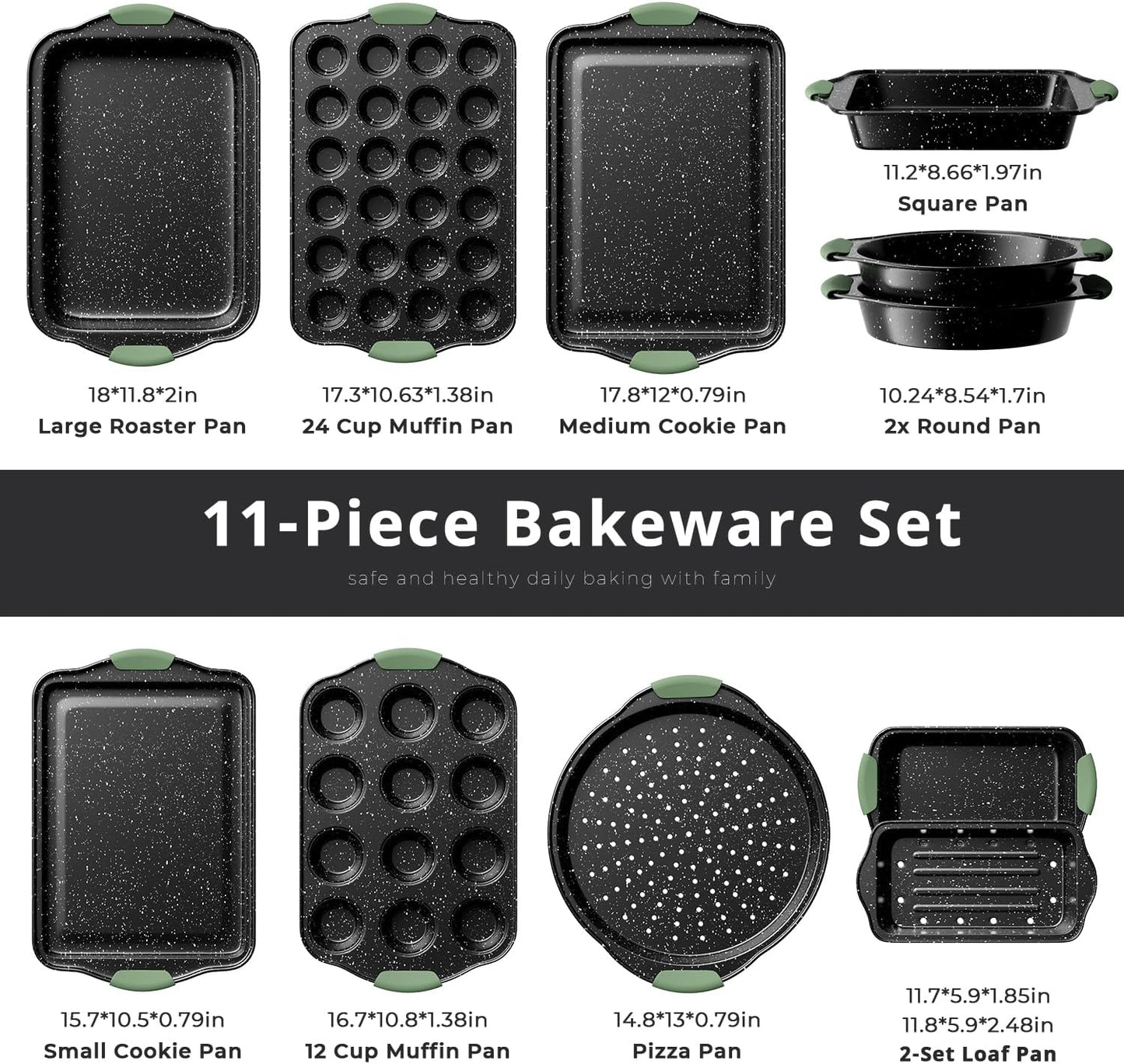 11-Piece Nonstick Bakeware Set, Stackable & Oven-Safe Kitchen Baking Pans with Silicone Handles - Includes Cookie Sheet, Cake Pan, Muffin Tin, Pizza Stone & Bread Loaf Pan, Dark Green&Black