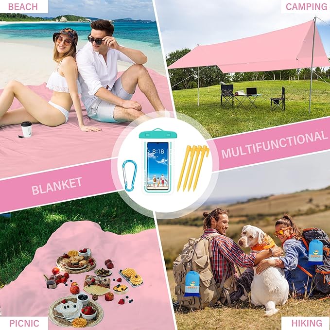 BYDOLL Beach Blanket Sandproof Waterproof 78''×81'' 1-4 Adults Compact Lightweight Oversized Beach Blanket Large Picnic Mat Beach Blanket for Travel Camping Hiking Picnic