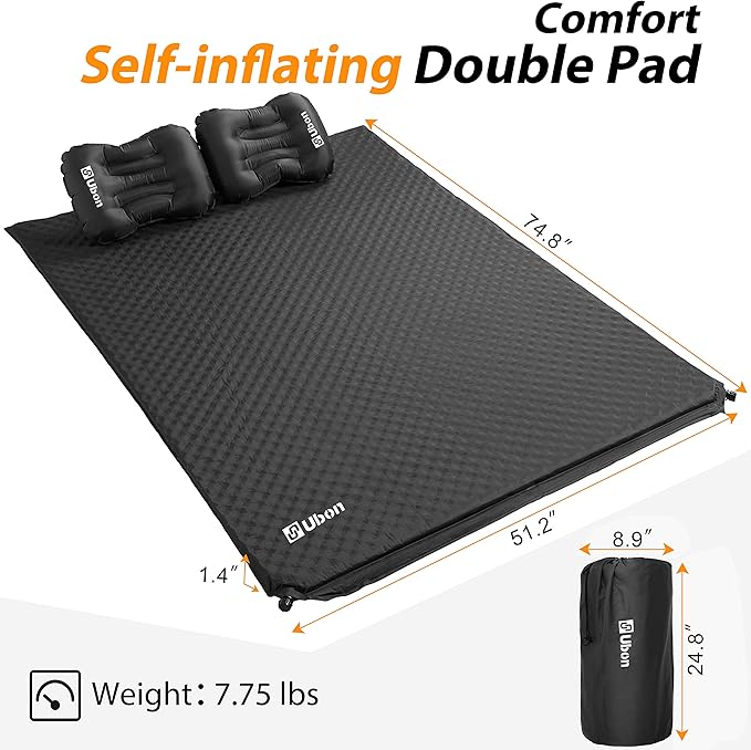 Ubon Double Self-Inflating Sleeping Mat Inflatable Mattress with Pillows Comfortable ASleep Pad for 2 People 1.5" Sponge Filling Ergonomic Pillow Portable Lightweight Camping Bed - Black