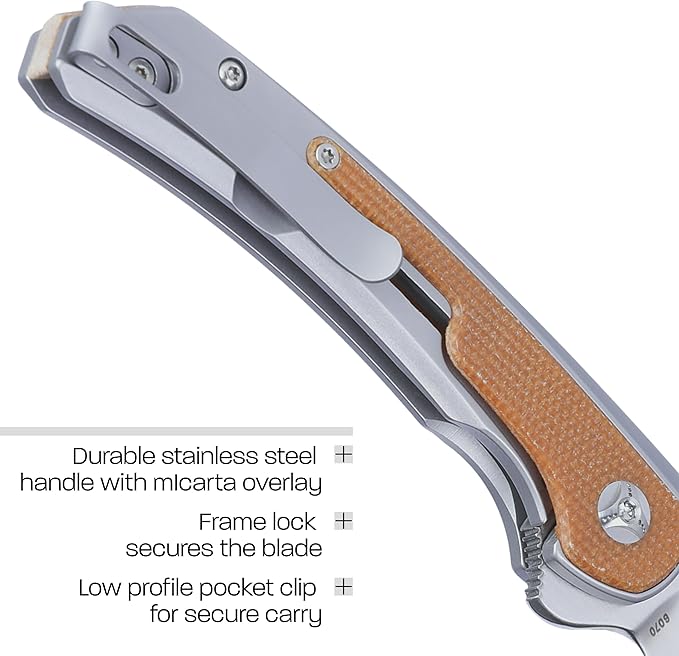 CRKT Padawan Everyday Carry Folding Knife: Drop Point with 14C28N Steel Blade, Stainless Steel Handle w/Micarta Overlays, Frame Lock, 6070