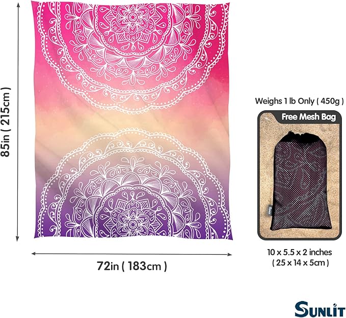Sunlit Silky Soft 85"x72" Boho Sand Proof Beach Blanket Sand Proof Mat with Corner Pockets and Mesh Bag for Beach Party, Travel, Camping and Outdoor Music Festival, Purple and Red Mandala