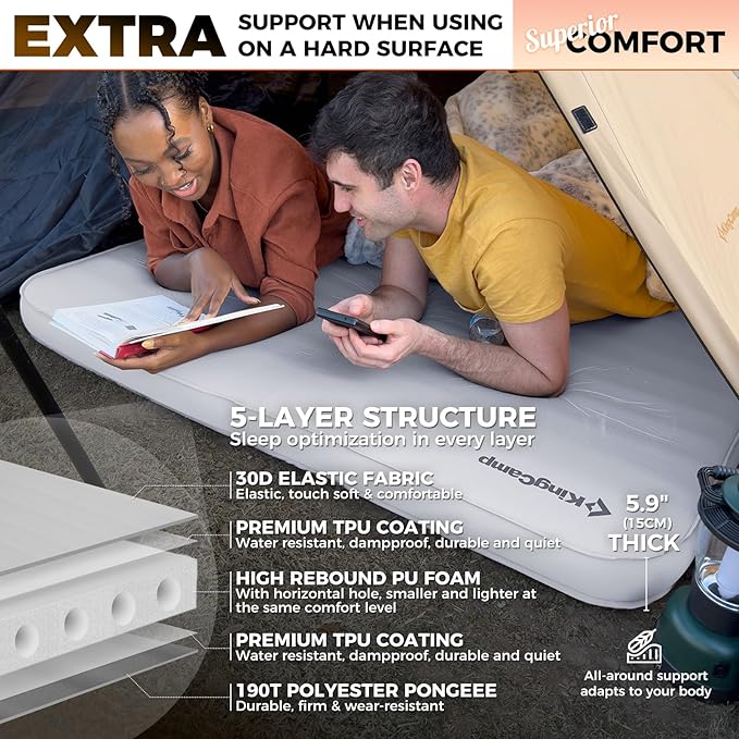 KingCamp Extra 5.9 INCH Thick Double Self Inflating Camping Mattress with 11 R-Value, Sleeping Pad Enlarge Foam Camping Pad, 4 Season Insulated Camping Mat for Tent, Car, Gray