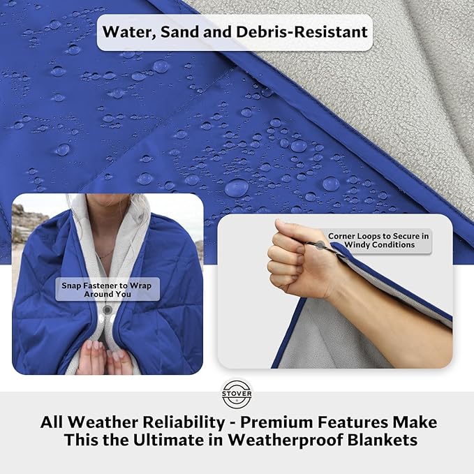 STOVER Multipurpose Outdoor Fleece Blanket, Lightweight, Compact, and Warm for Stadium, Camping, Picnics, Beaches - Wearable, Windproof and Water Resistant (Deep Blue)