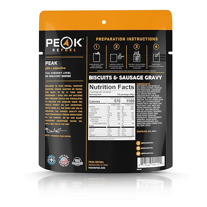 Peak Refuel Biscuits and Gravy | Premium Freeze Dried Camping Food | Backpacking & Hiking MRE Meals | Just Add Water | 100% Real Meat | 53g of Protein | 2 Serving Pouch (6 Pack)