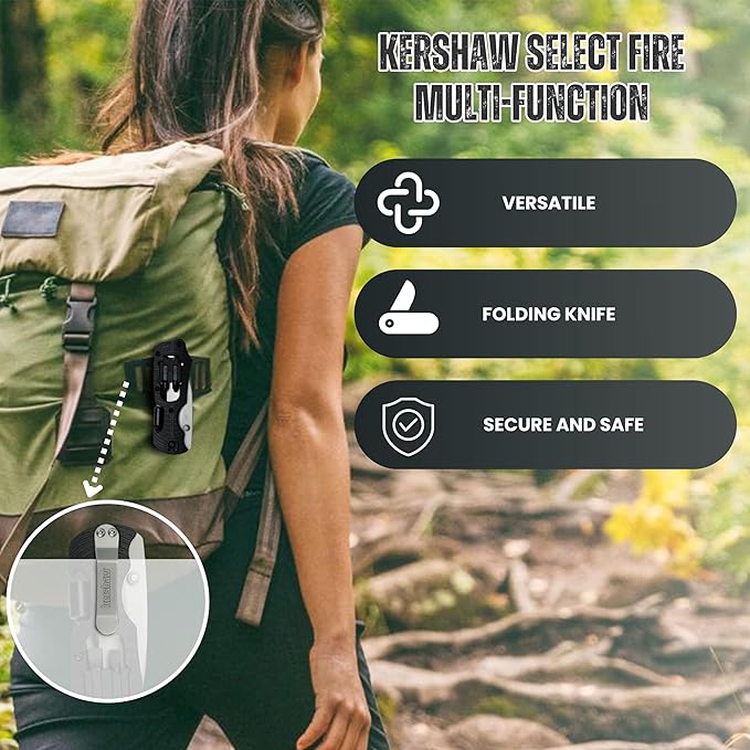 Worldwide Nutrition Bundle: Kershaw Select Fire Multi-Function Pocket Knife, 4-piece Bit Set and Driver, 3.4" 8Cr13MoV Steel Blade, Manual Washer Folding EDC and Multi-Purpose Key Chain