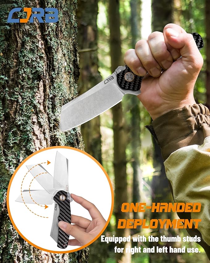 CJRB Crag Tactical Knife,Cleaver Pocket Folding Knife with Stonewash AR-RPM9 Steel Blade and Carbon Fiber Handle for Men Outdoor, Survival, Camping and EDC Black (J1904R)