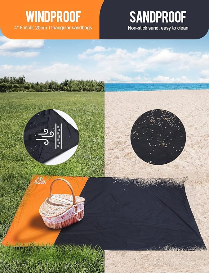 DEERFAMY Outdoor Pocket Blanket(71x43), Waterproof Windproof Picnic Blanket Folding Packable Blanket with Triangular Sand Pocket, Eco-Friendly Blanket for Hiking, Camping, Beach and Concert, Black