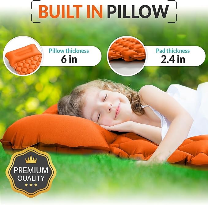 Kids Sleeping Pad for Camping and Sleepovers with Pillow, Inflatable Camping Mattress for Backpacking & Travel, Thick Toddler Cot Mat, Fast Inflating Camping Sleeping Pads for Kids