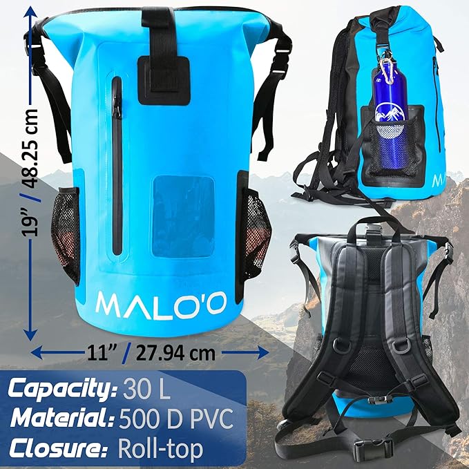 Malo'o 30L Waterproof Roll-Top Backpack - Ideal for Beach, Backpacking, Fishing, and Kayaking - Heavy-Duty Beach and Boat Accessory