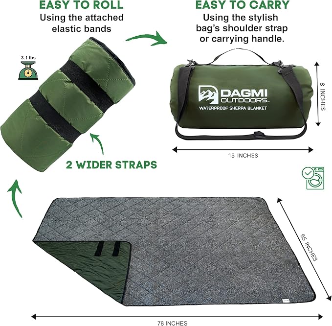 Sherpa Waterproof Outdoor Blanket. Large Sherpa Stadium & Camping Blankets for Cold Weather. Perfect for Picnic, Concerts, Grass, Car, Boat. Windproof, Extra Warm, Machine Washable.