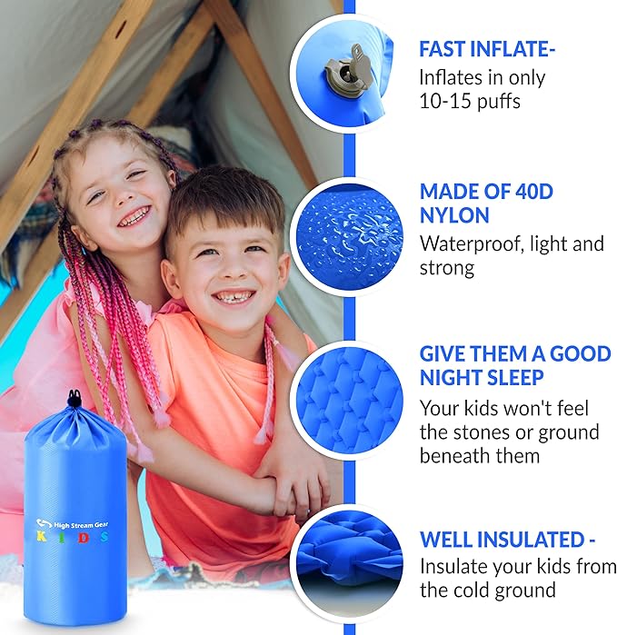 Kids Sleeping Pad for Camping and Sleepovers with Pillow, Inflatable Camping Mattress for Backpacking & Travel, Thick Toddler Cot Mat, Fast Inflating Camping Sleeping Pads for Kids
