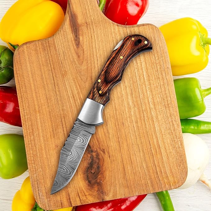 Handmade Damascus Pocket Knife for Men - 6.5 Inches Damascus Folding Knife with Sheath - Pocket Knives and Folding Knives with Back Lock - Best for EDC, Camping, Fishing and Hiking, Brown, HA786